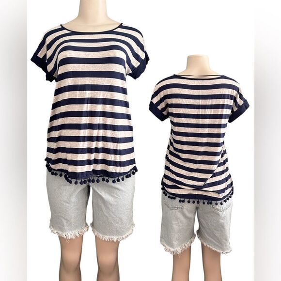 Cable & Gauge Blue and Gray Stripped Pom Pom Short Sleeve Shirt Size Small - Picture 1 of 7